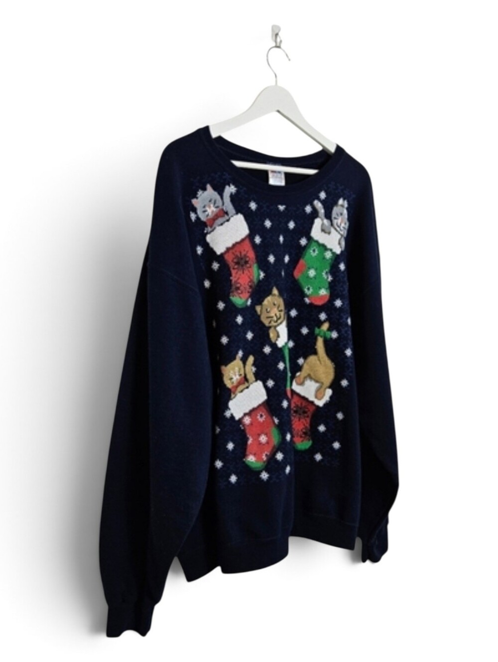 Vintage 90s Jerzees Sweatshirt 2XL Christmas Kittens Stockings Catcore Navy Blue